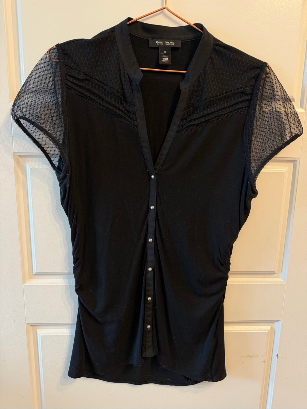WHBM Black V-Neck Short Sleeve Button-Front Top